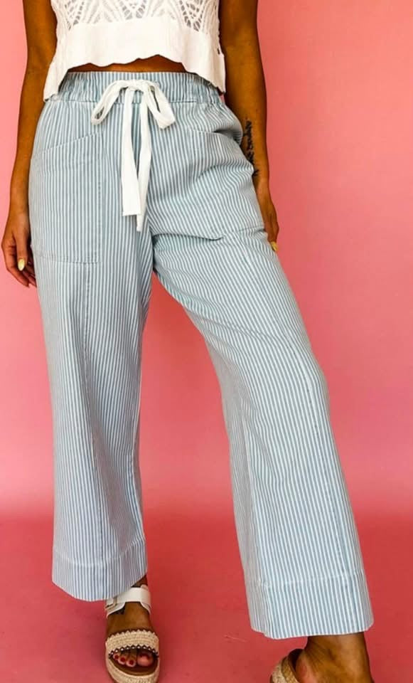 Blue Pinstripe Wide Leg Pants