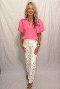 Pink Textured Puff Sleeve Top