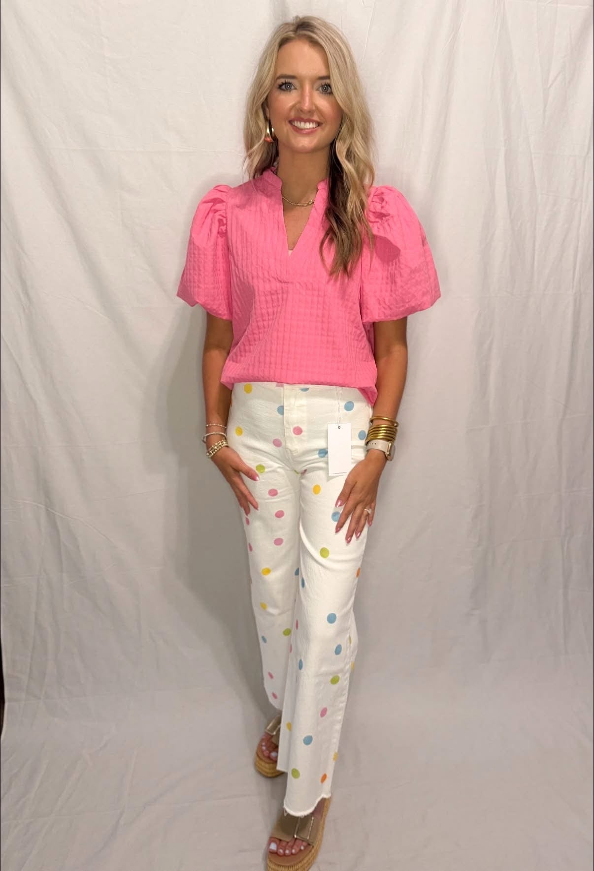Pink Textured Puff Sleeve Top